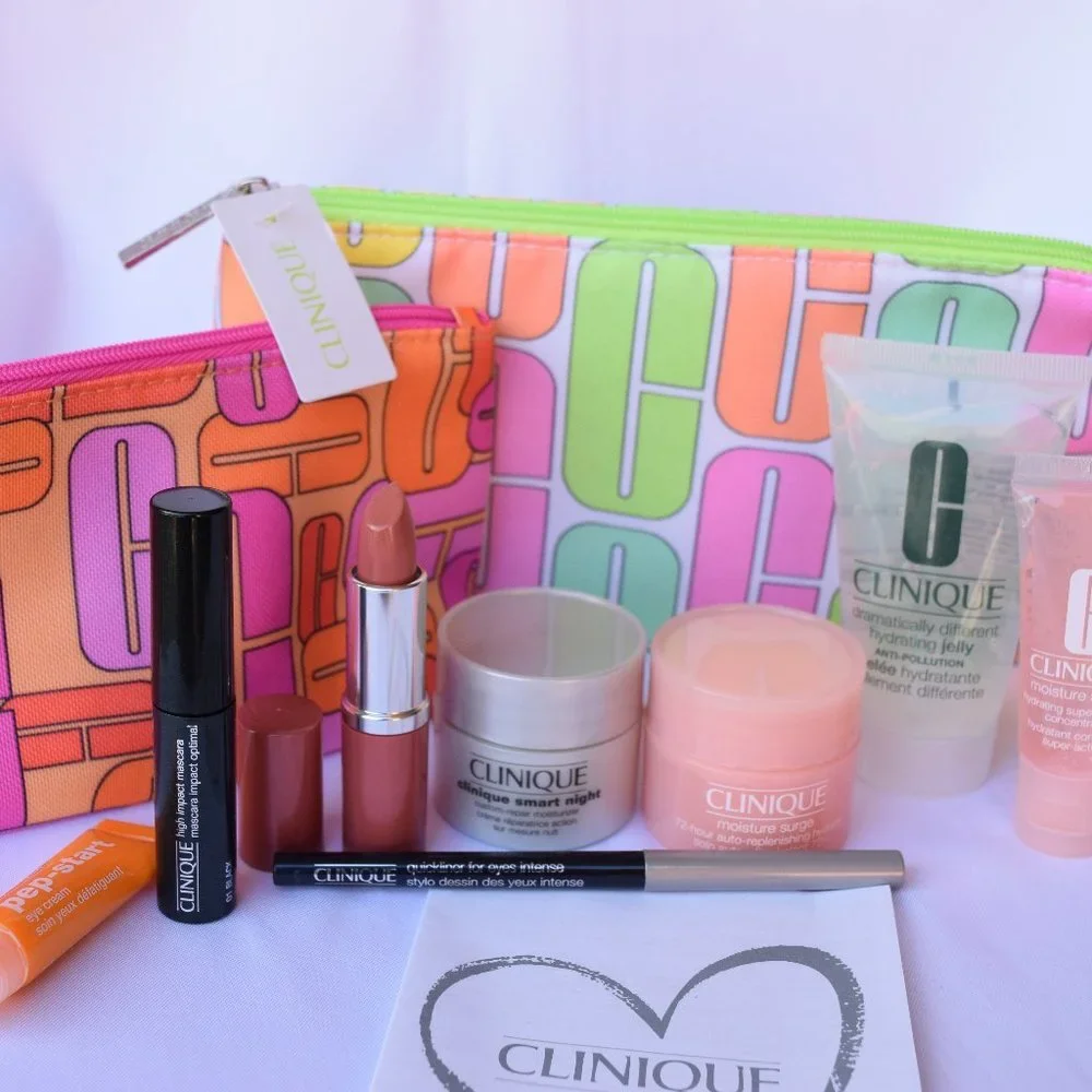 Clinique Beauty Set-2 Pink Green Pouches,Eye,Concentrate,Hydrator&Lips-10pc-NEW